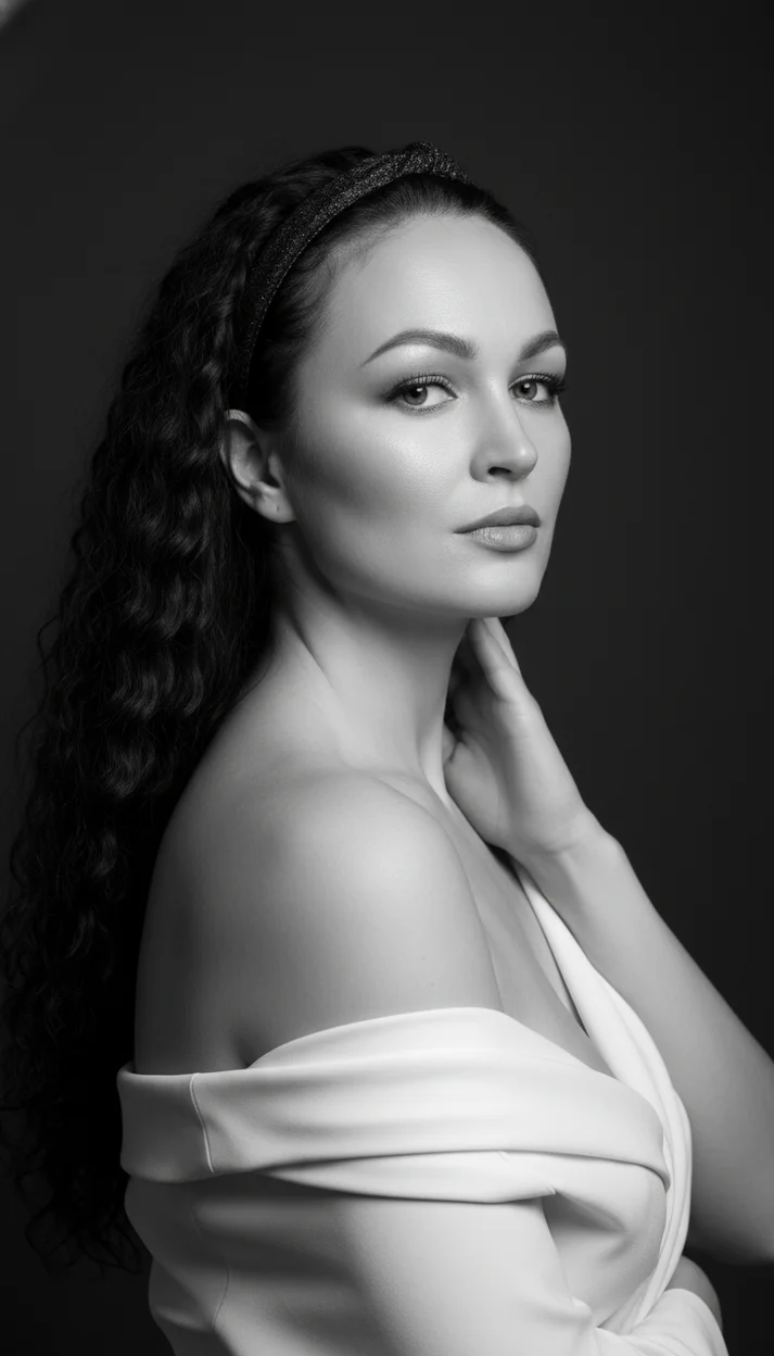 Женщина крупный портрет в студии оголённое плечо