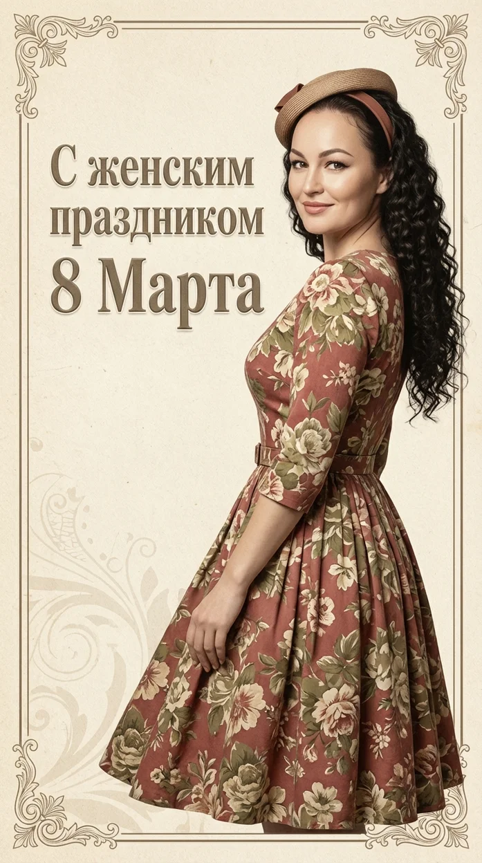 праздничная открытка к 8 Марта в винтажном ретро-стиле 50-х годов с вашим фото 