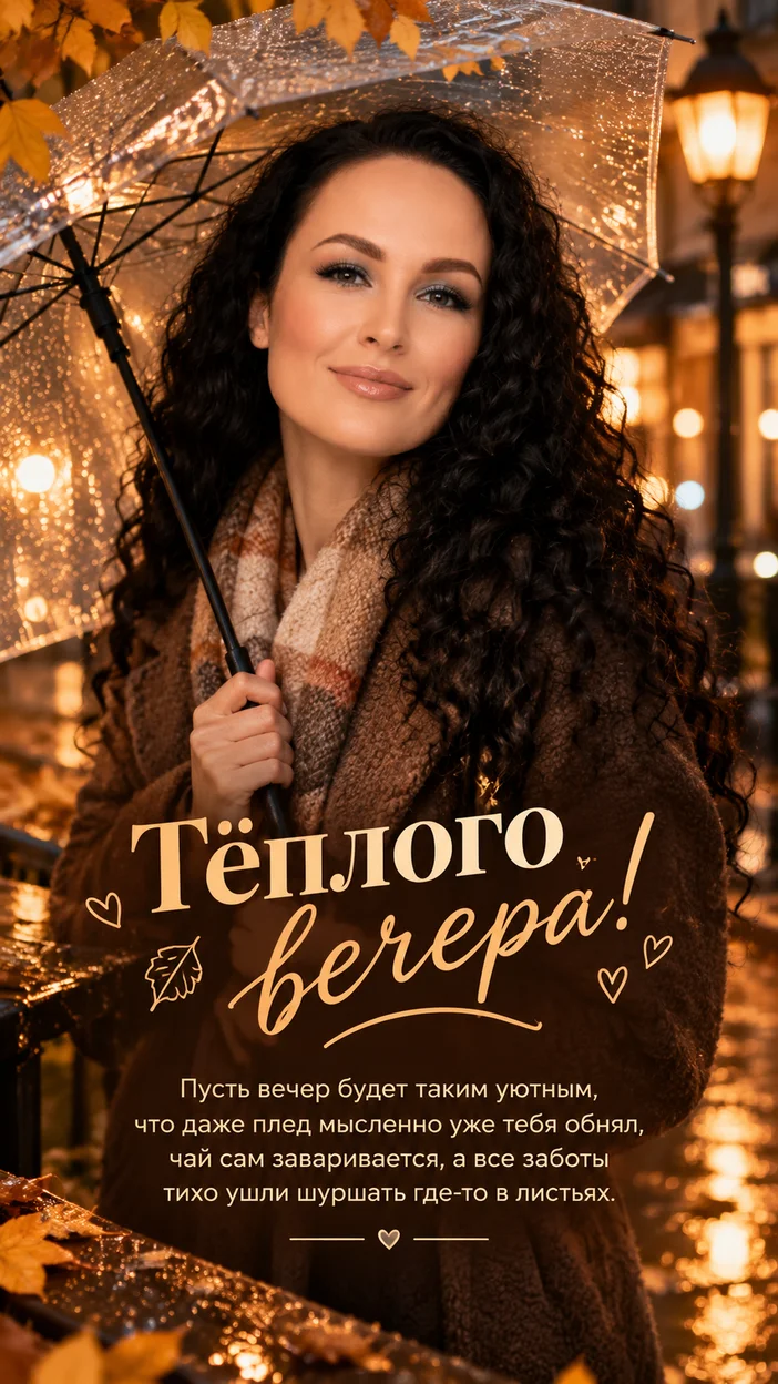 Фотосессия городская вечерняя баннер‑открытка с зонтом: девушка на улице под прозрачным зонтом у фонаря в мокрой осенней улице