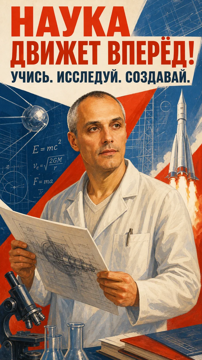 Фотооткрытка с надписью «НАУКА ДВИЖЕТ ВПЕРЁД!»
