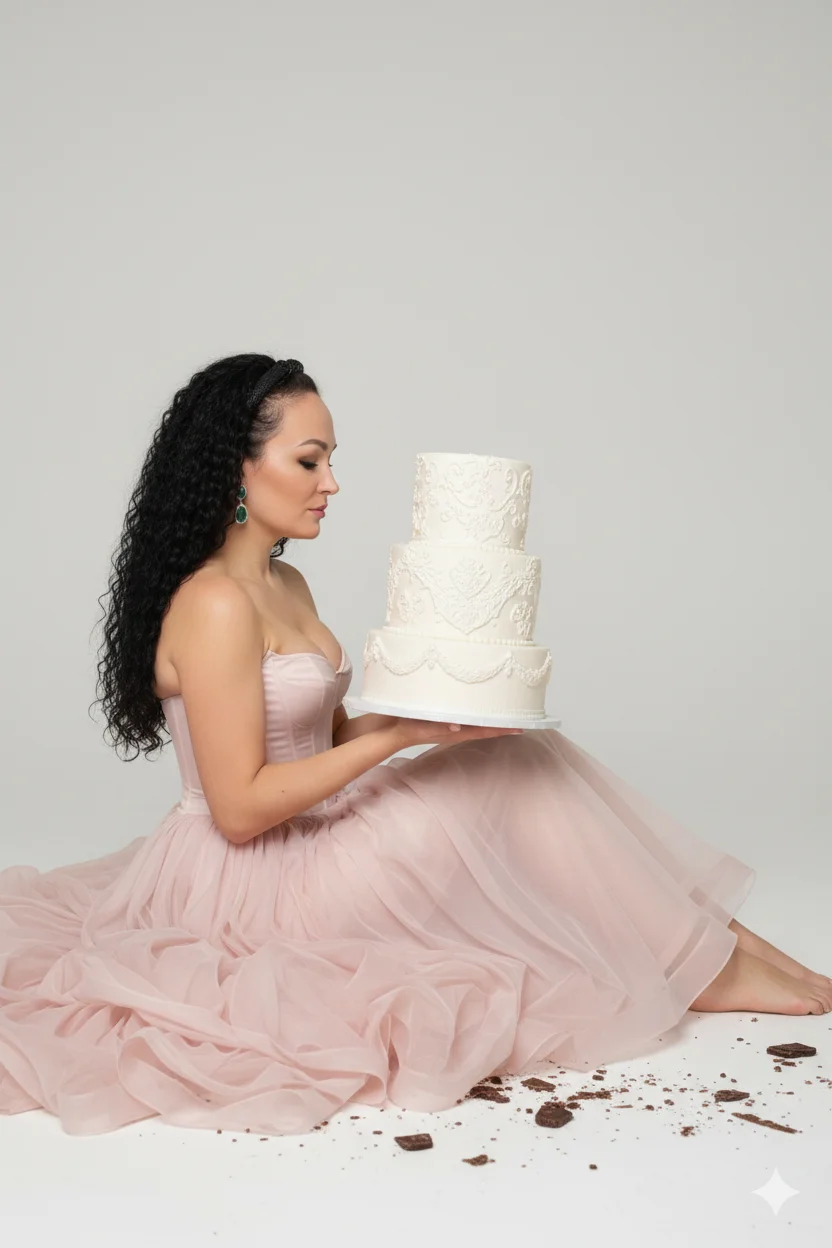Женщина в студии в светло-розовом платье сидит на полу с тортом в руках