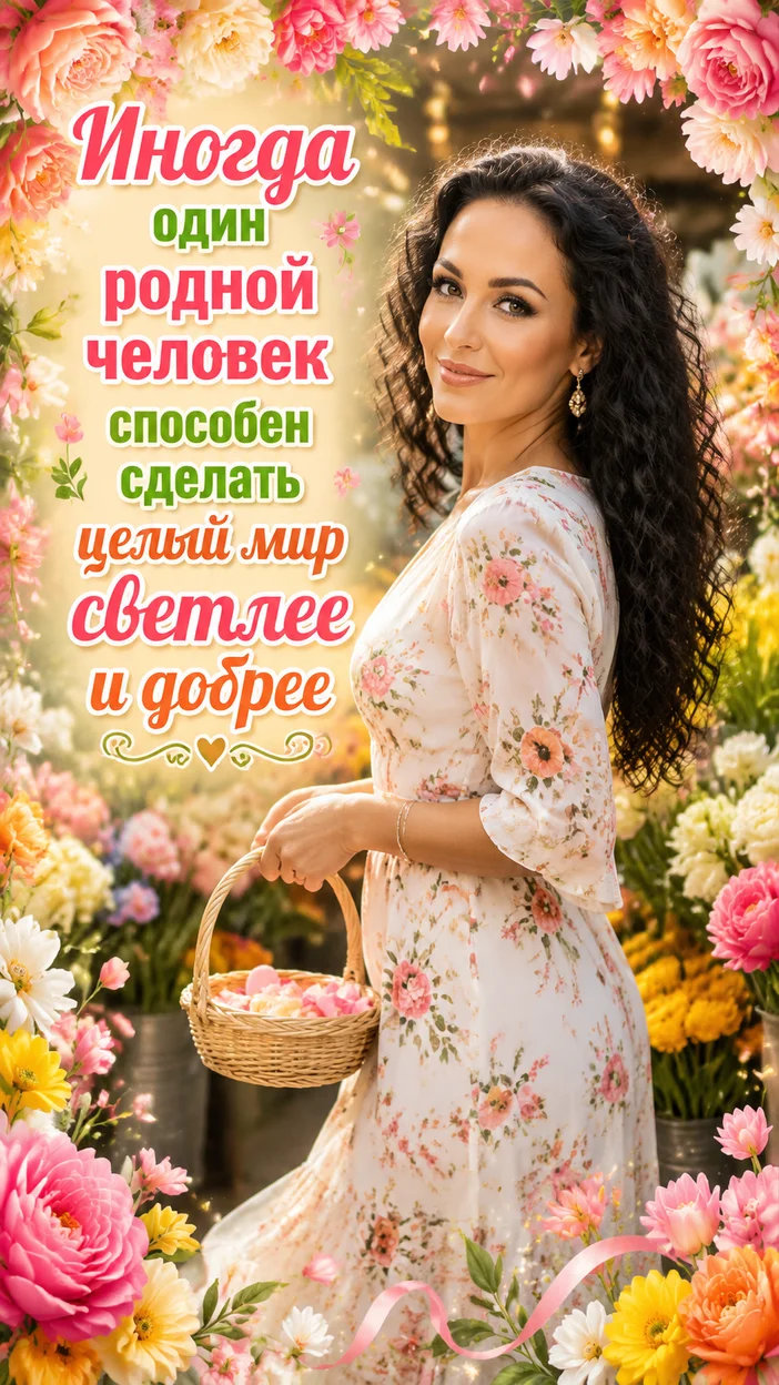 Фотооткрытка для любимой с текстом «Иногда один родной человек способен сделать целый мир светлее и добрее»