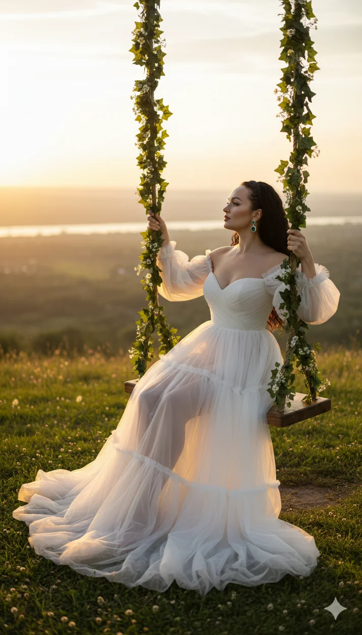 Девушка в белом воздушном платье на качелях 