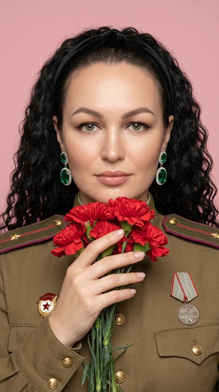 Студийный портрет человека  в военной форме с гвоздиками 