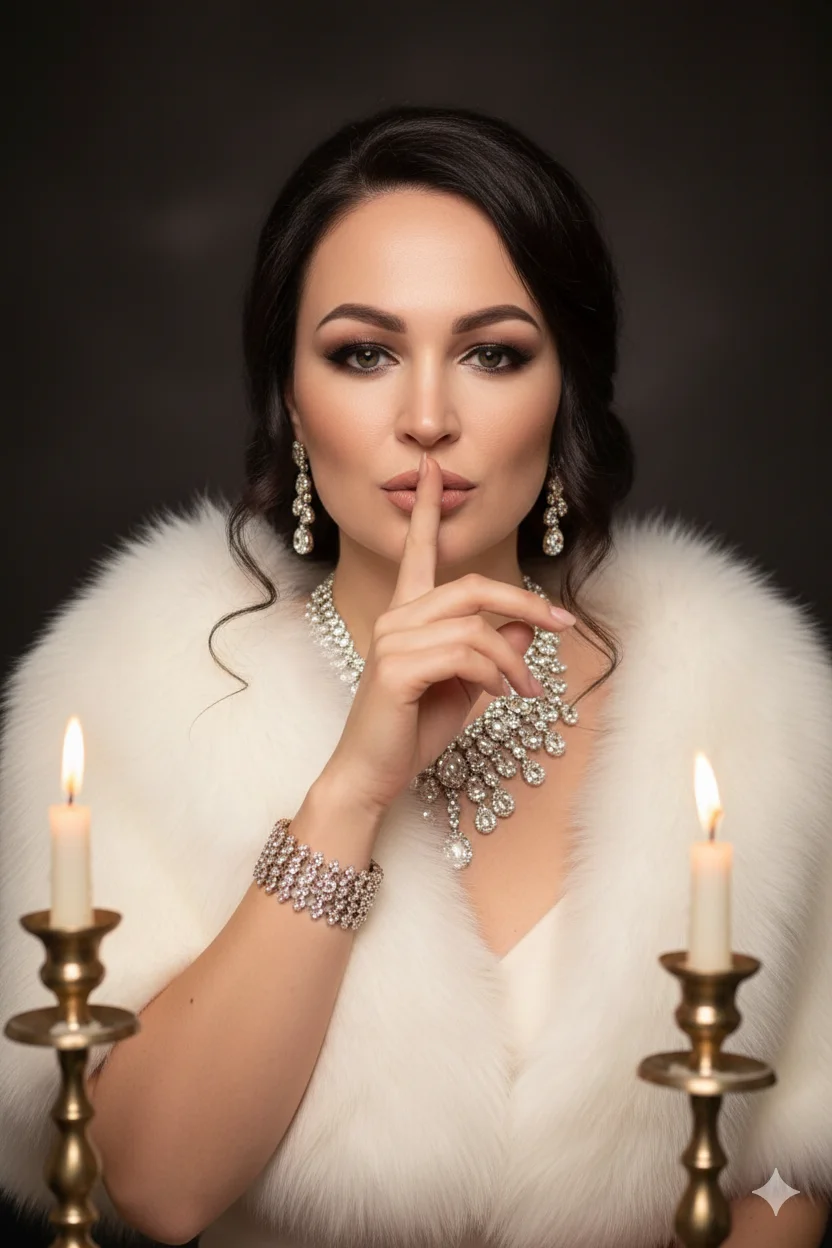Женщина в белом мехе между свечами прижимает палец к губам