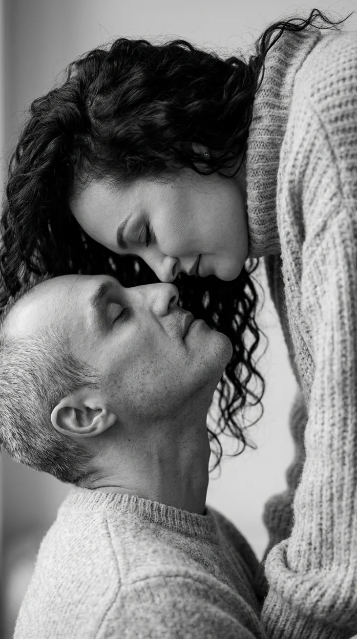  Чёрно-белый модный портрет пары перед поцелуем