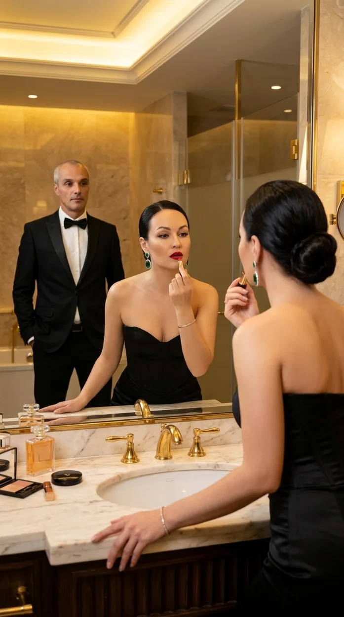 кинематографичная сцена роскошной женщины, сидящей перед зеркалом в элегантной ванной комнате люксового отеля