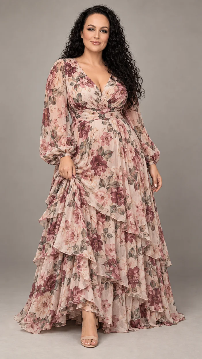 Фотосессия девушка plus-size в длинном цветочном платье в студии, полный рост, полупрозрачная струящаяся ткань