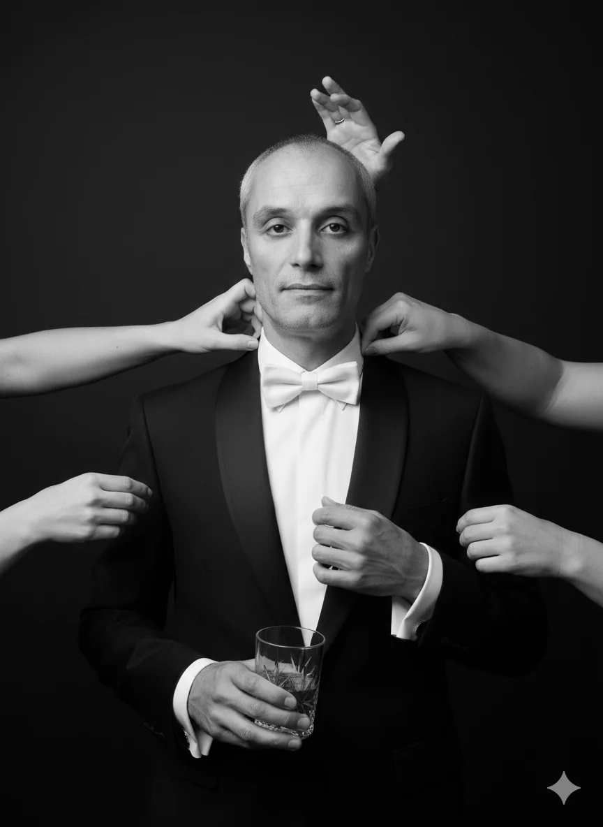 Мужчина в студии в чёрном смокинге держит бокал
