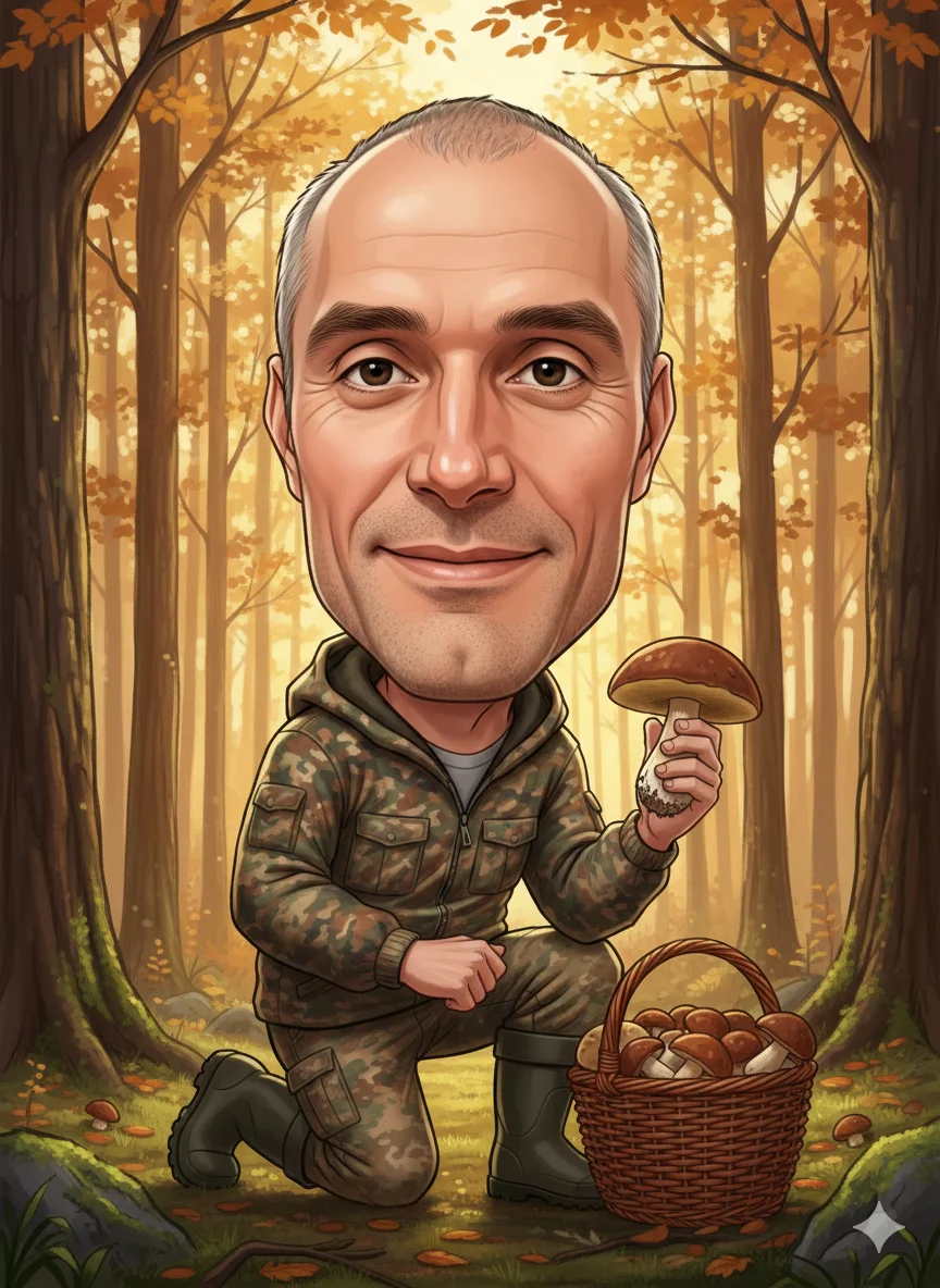 Мужчина в лесу собирает грибы шарж по фото 