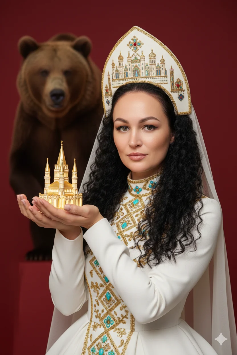 Девушка в белом расшитом платье и кокошнике держит светящуюся миниатюру на фоне медведя 