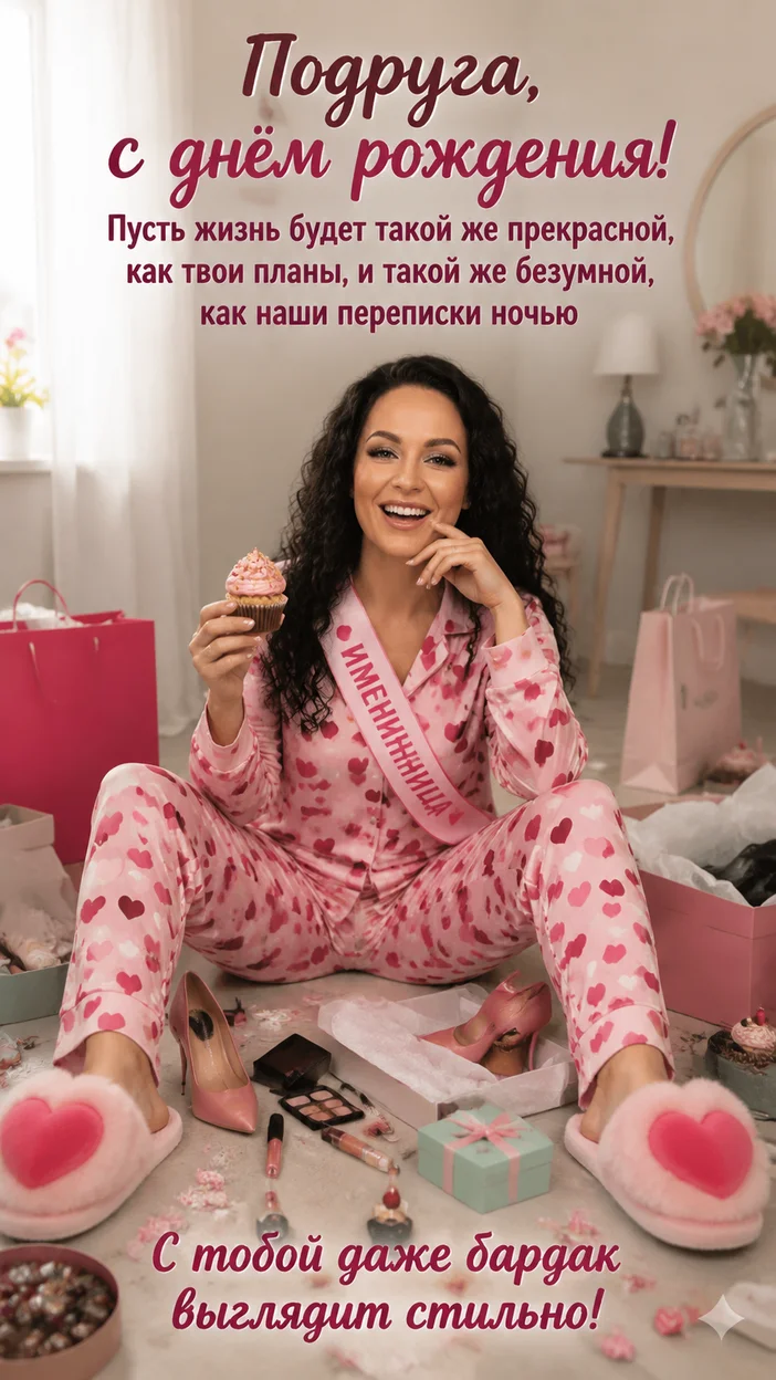 Фотосессия праздничной шопоголички на полу среди покупок