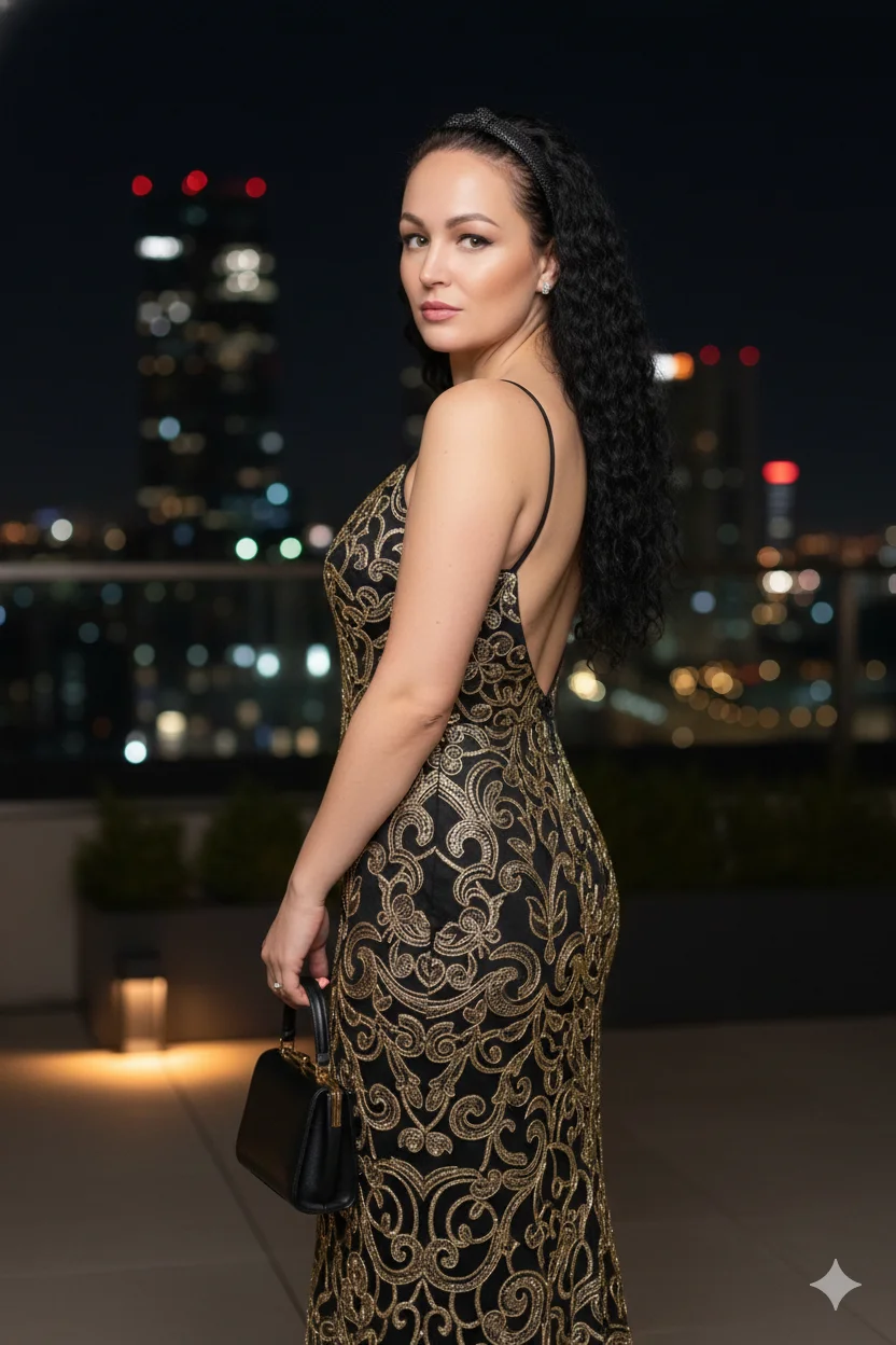 Женщина на ночной террасе города в чёрном платье