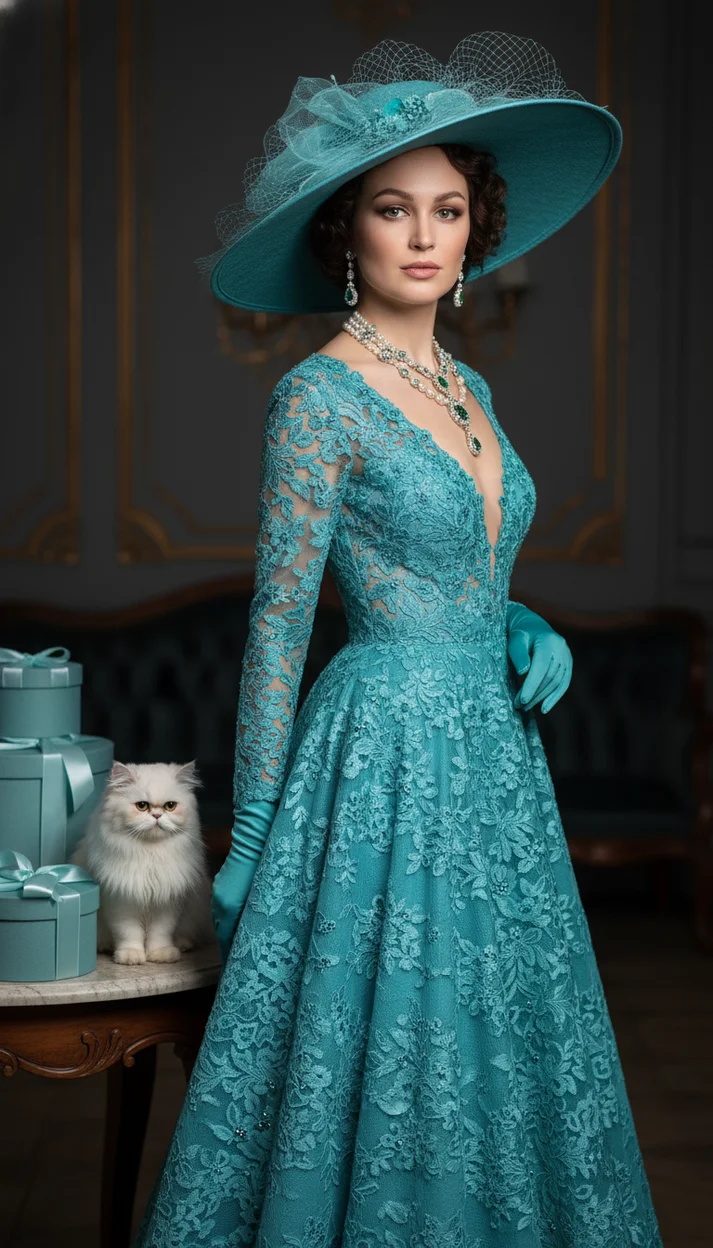 Женщина в роскошном бирюзовом couture-образе с широкой шляпой