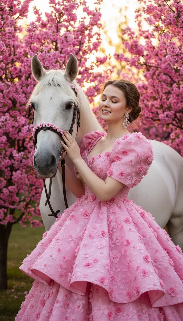 Девушка среди цветущих деревьев в розовом платье