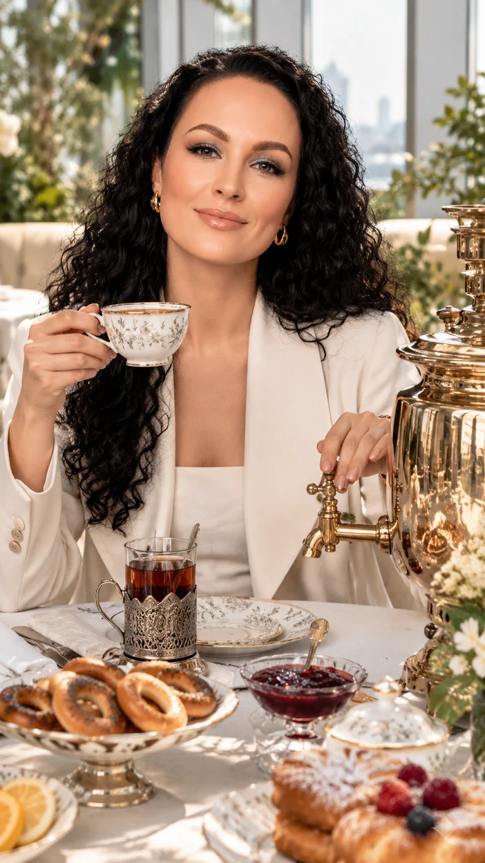 Фотосессия luxury brunch с девушкой за столом и блестящим самоваром в зимнем саду