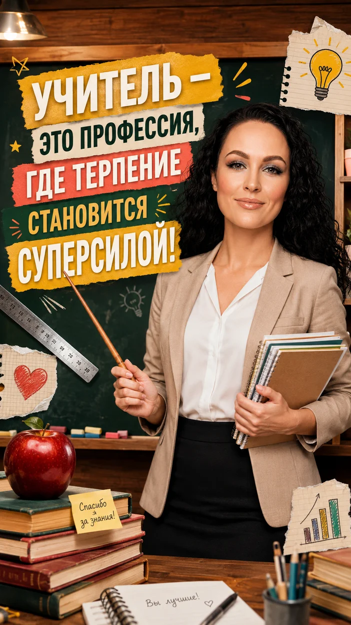 Фотооткрытка учителю с поздравлением "УЧИТЕЛЬ — ЭТО ПРОФЕССИЯ, ГДЕ ТЕРПЕНИЕ СТАНОВИТСЯ СУПЕРСИЛОЙ!"