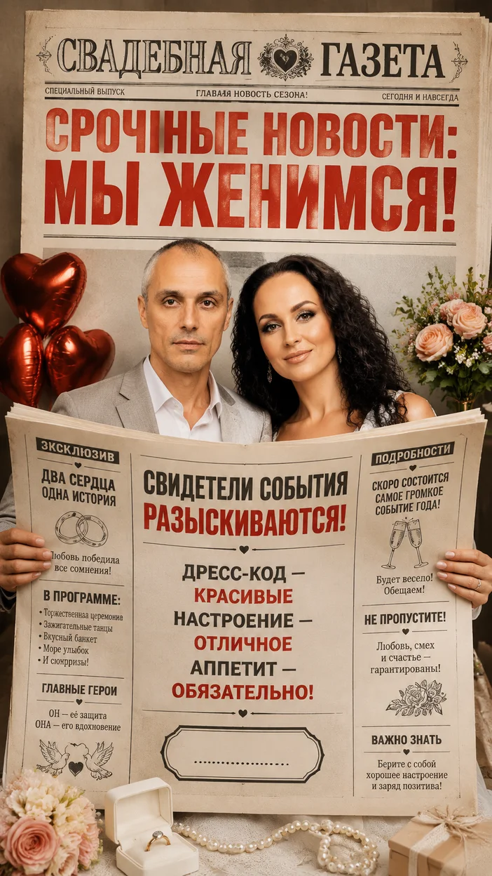 Фотооткрытка газетная «Срочные новости: мы женимся!»