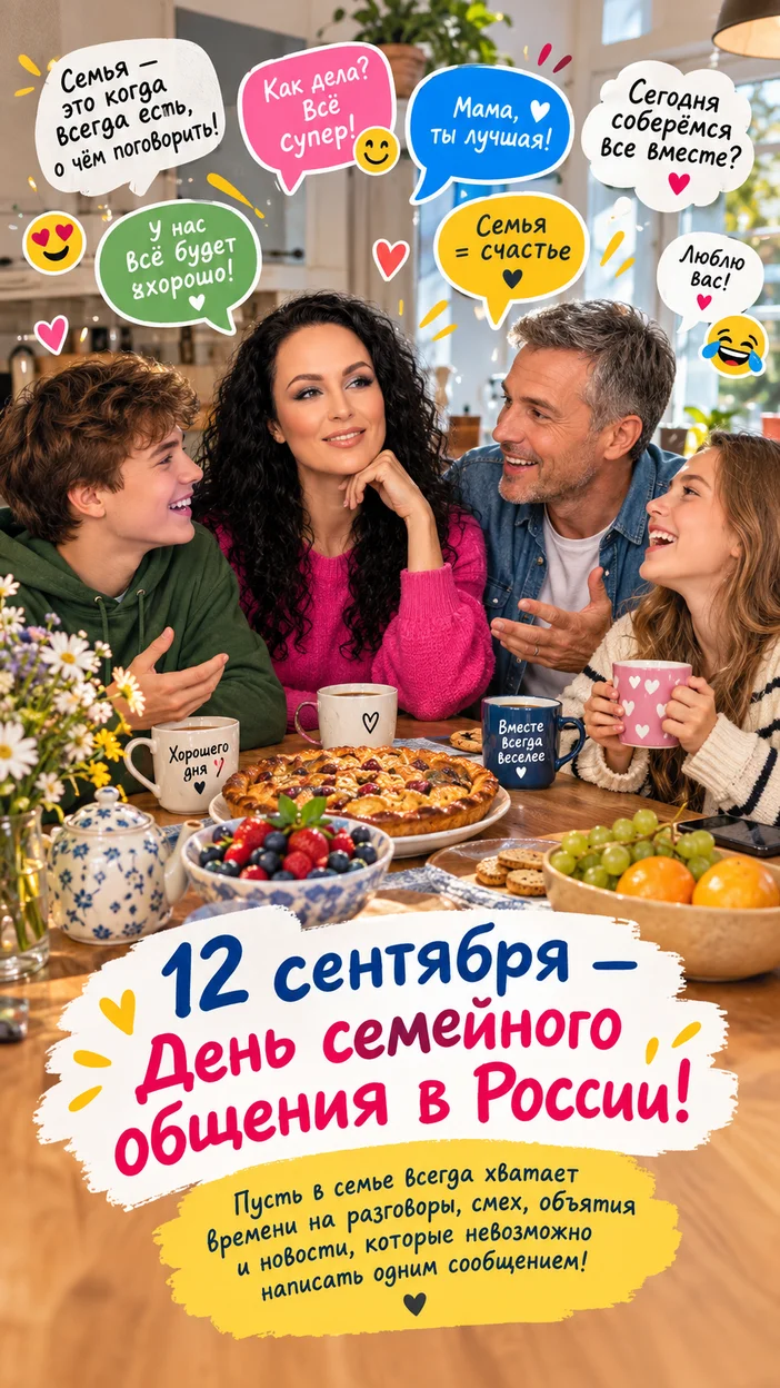 Фотосессия 12 сентября: оживший семейный чат за кухонным столом с облаками сообщений и смайликами