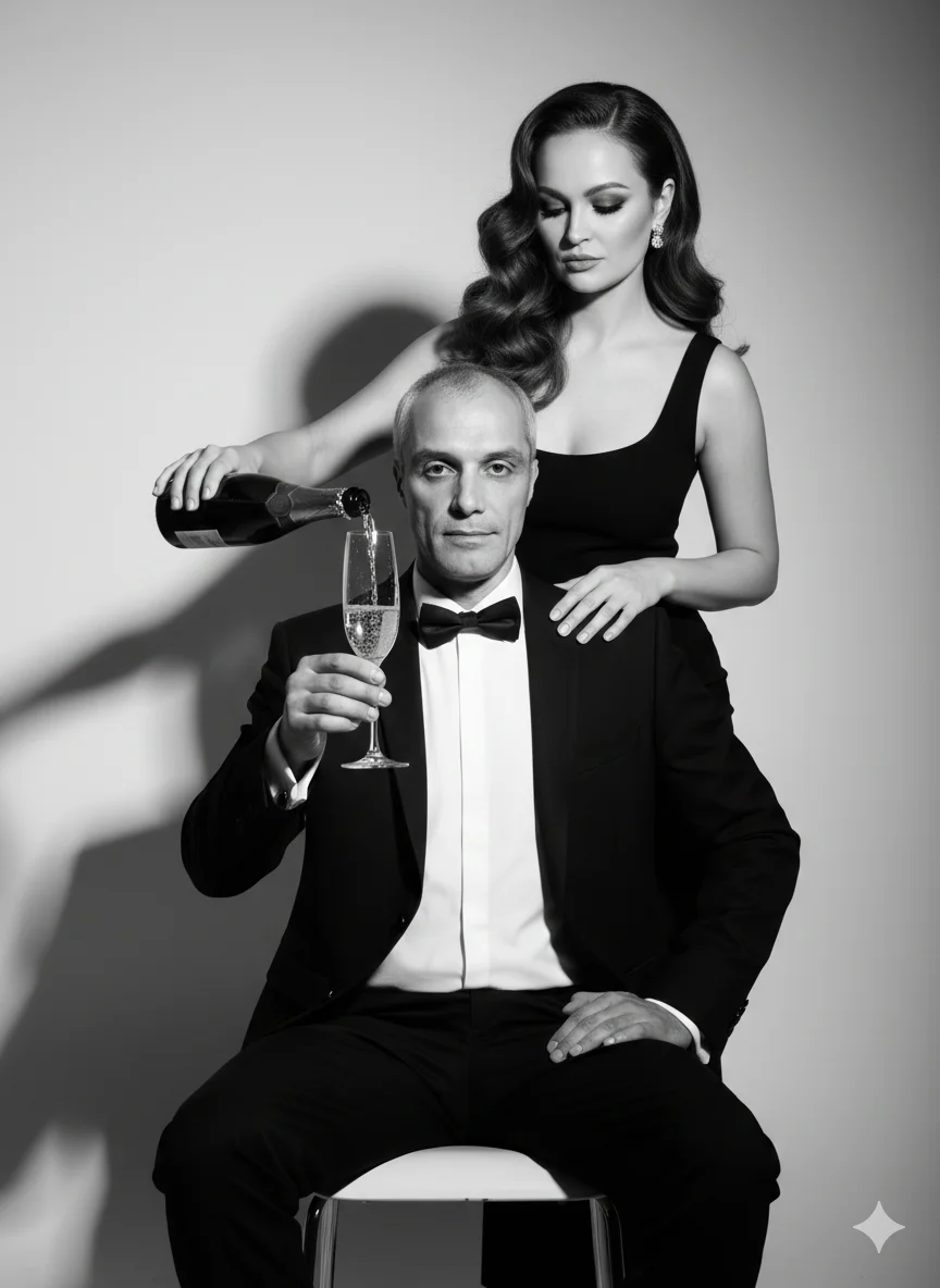 ЧБ портрет девушка  наливает шампанское мужчине 