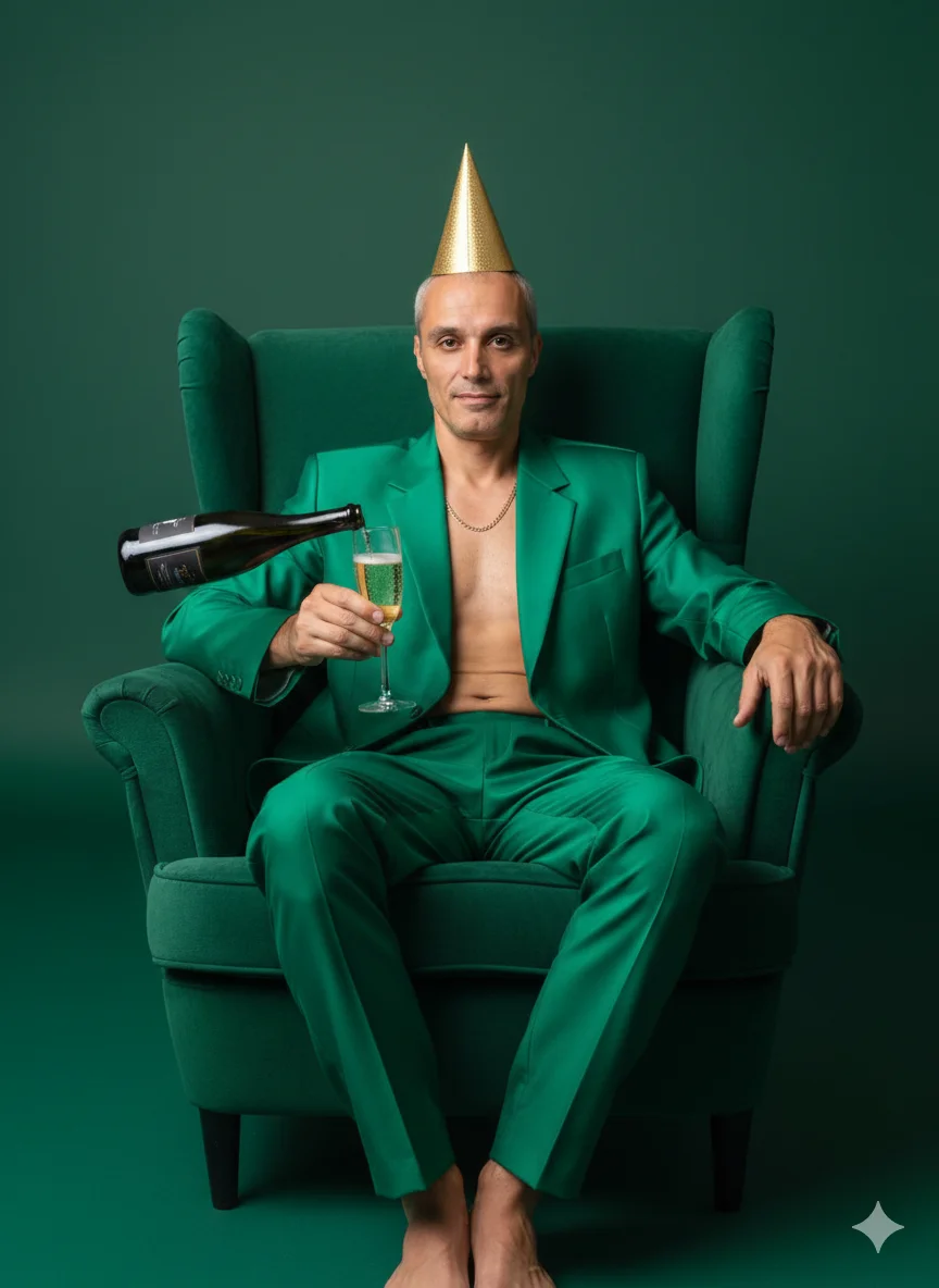 Мужчина в студии в зелёном костюме в кресле с бокалом игристого