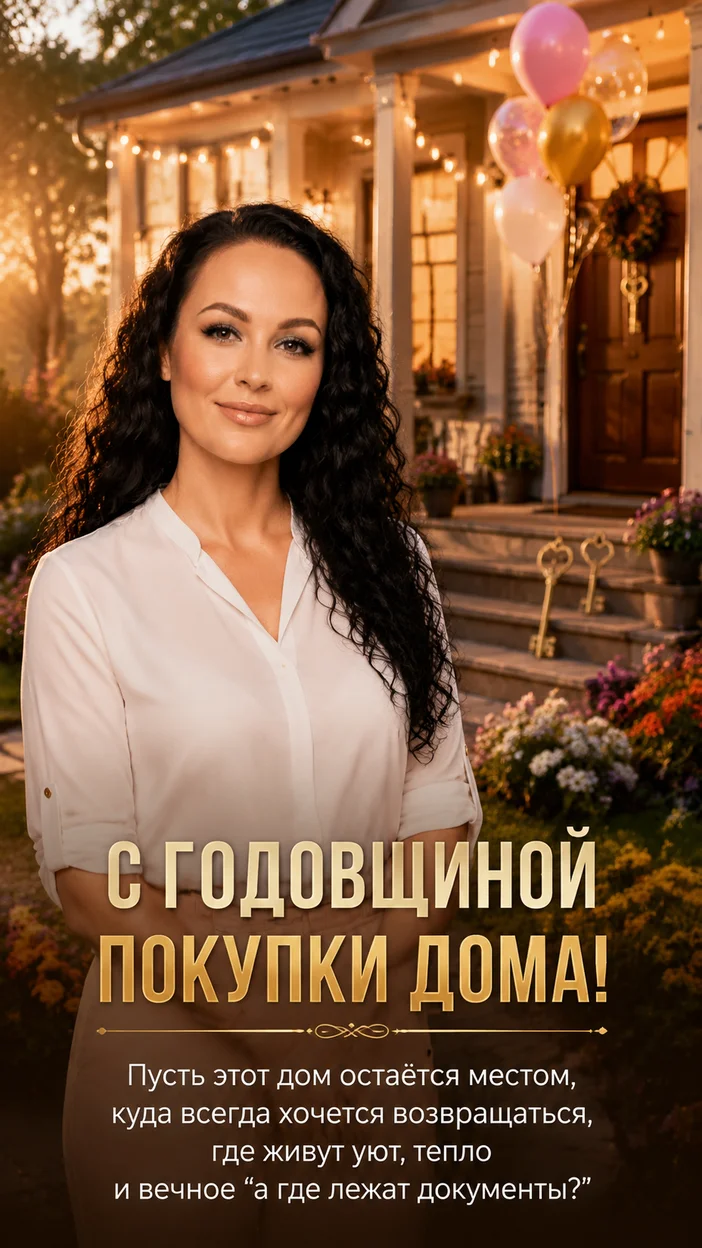 Фотооткрытка для новосёла с поздравлением "С годовщиной покупки дома!"