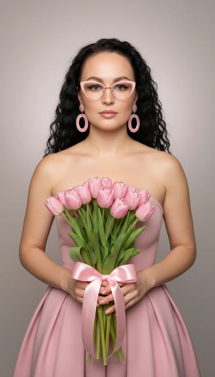  Девушка в студии с розовыми тюльпанами и бантом