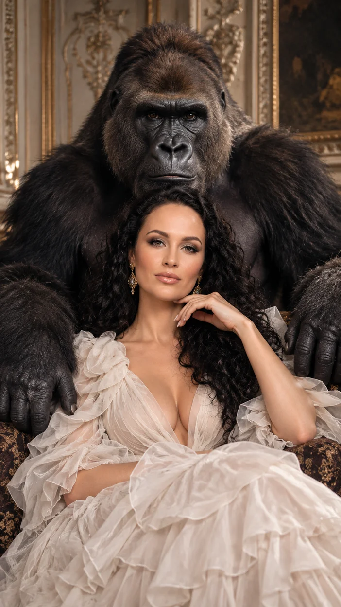 Фотосессия дворцовый fashion: девушка в многоярусном платье с гигантской гориллой-защитником в резном интерьере