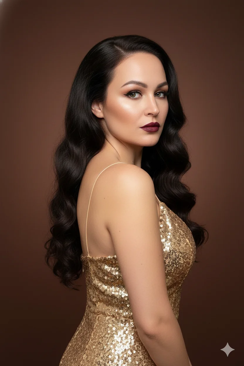 Женщина в студии в золотом вечернем платье
