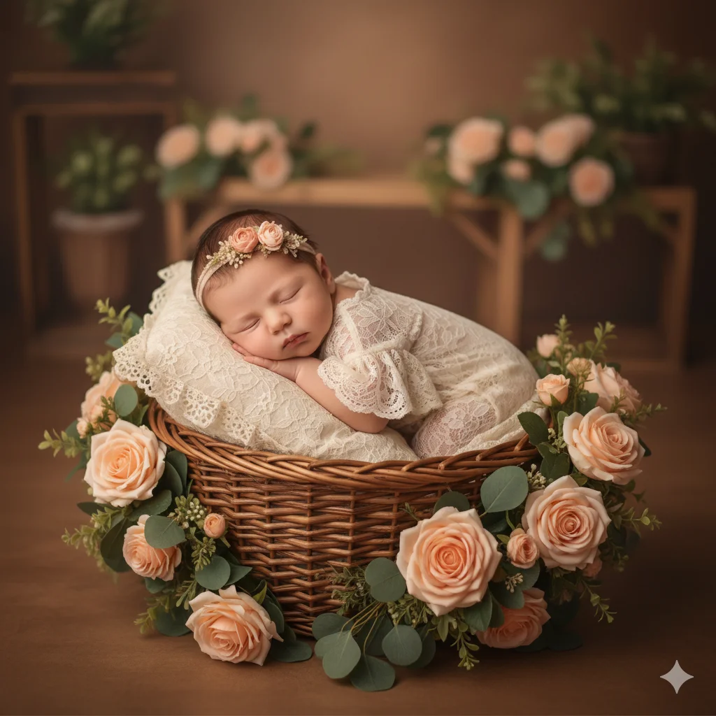 Малыш в кружевном платье с цветочным венком спит в корзине