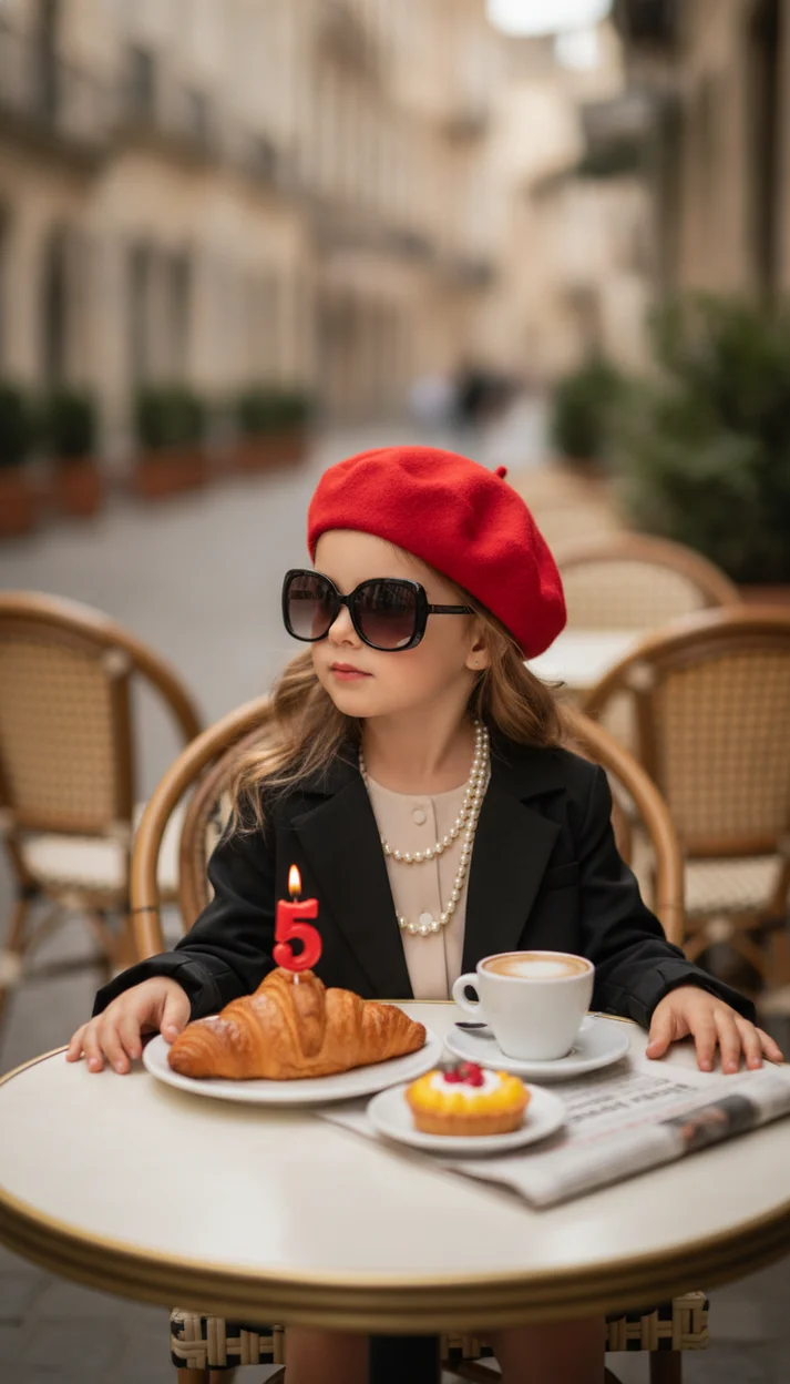 Фотосессия девочки на 5 лет в уличном кафе с круассаном
