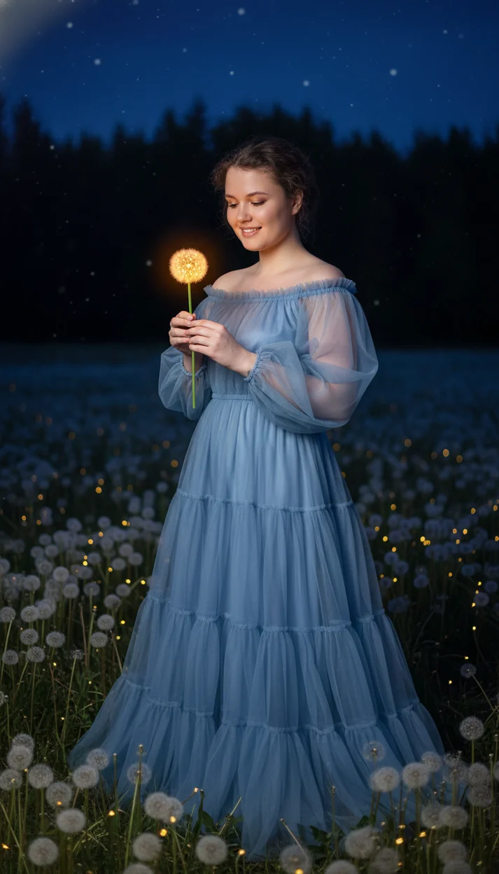 Девушка в поле одуванчиков ночью в голубом платье