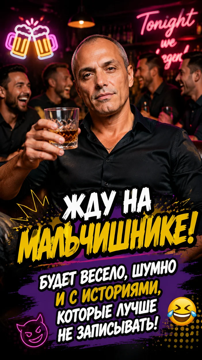 Фотооткрытка в баре с текстом «Жду на мальчишнике! Будет весело, шумно и с историями, которые лучше не записывать!»