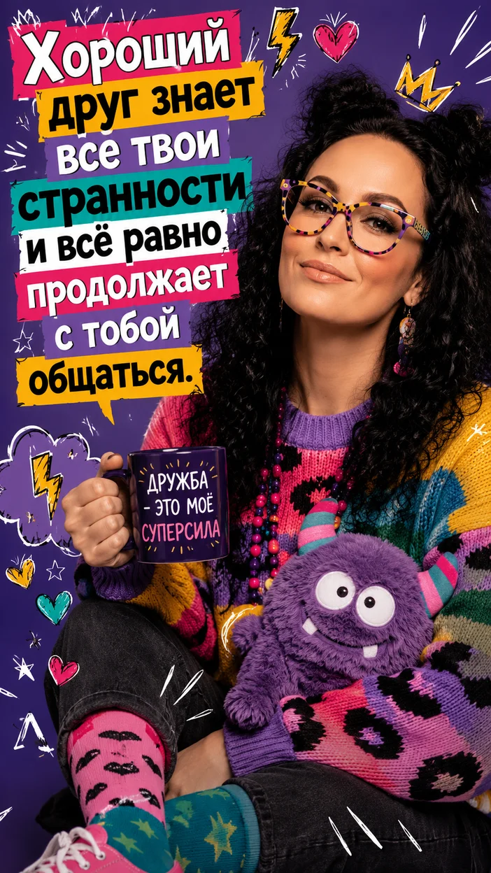 Праздничная фотооткрытка с текстом "Хороший друг знает все твои странности и всё равно продолжает с тобой общаться."