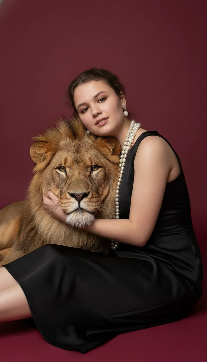 Девушка в студии на бордовом фоне в чёрном платье