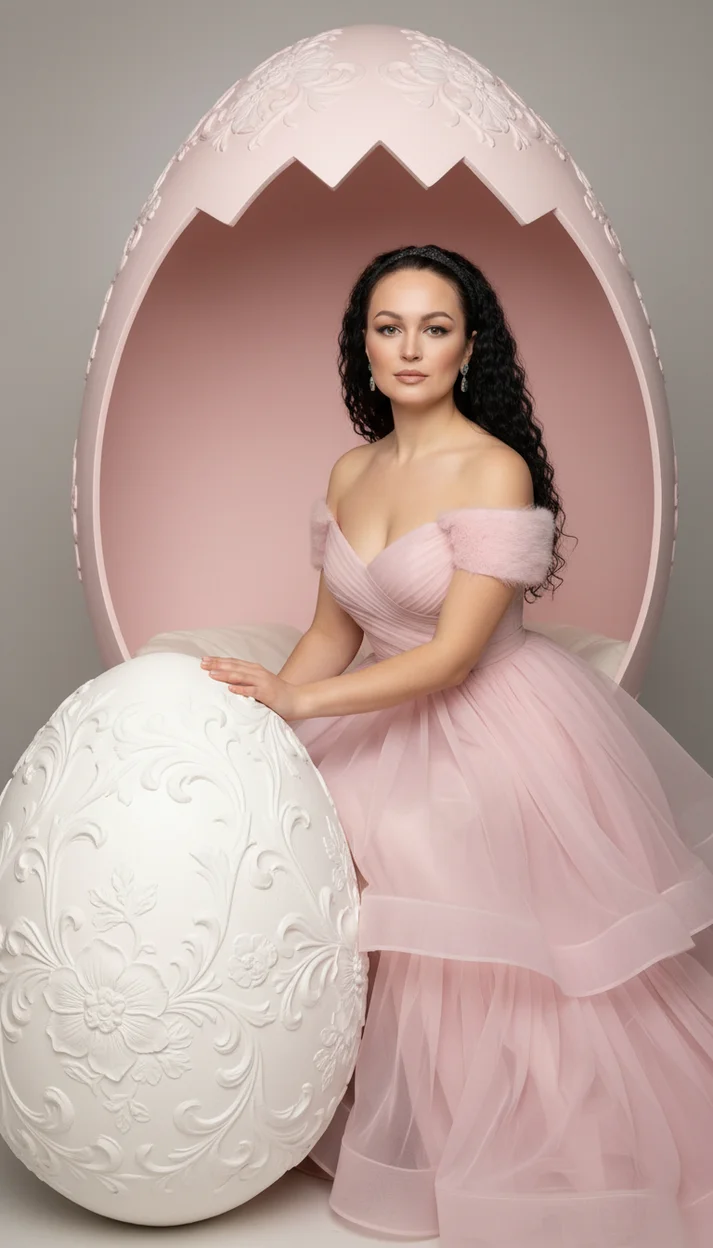  Женщина в розовом платье сидит внутри декоративного яйца рядом с большим белым яйцом в студийной пасхальной сцене