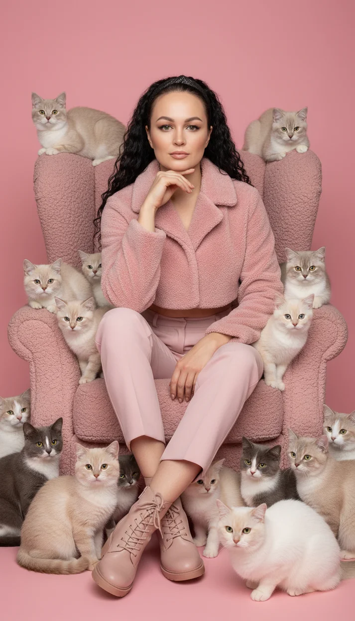  Девушка в розовом пушистом кресле с множеством кошек 