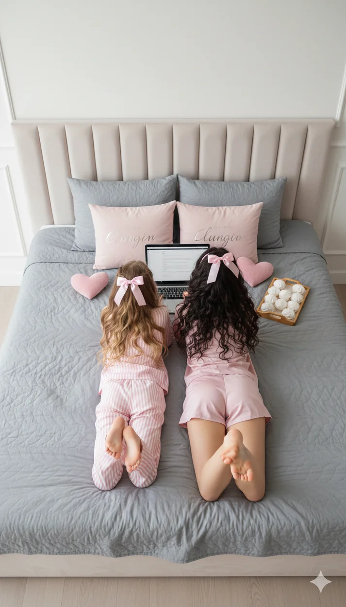 мама и дочка  лежат на кровати на животе, спиной к камере,