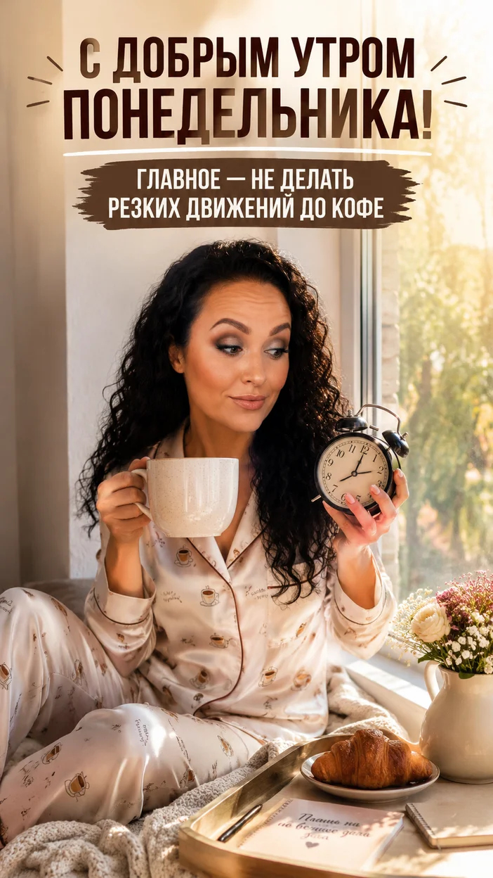 Фотооткрытка для всех с поздравлением "С ДОБРЫМ УТРОМ ПОНЕДЕЛЬНИКА! ГЛАВНОЕ — НЕ ДЕЛАТЬ РЕЗКИХ ДВИЖЕНИЙ ДО КОФЕ"