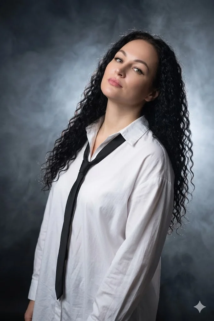 Женщина в белой рубашке и чёрном галстуке в студии