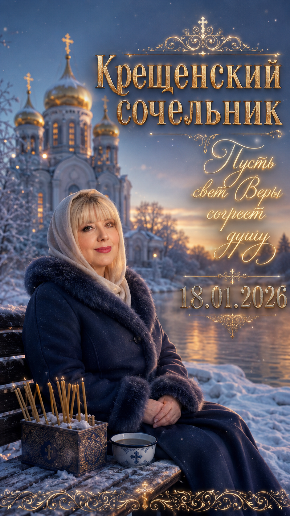 Крещенский сочельник — 18.01.2026 — светлая зимняя открытка с бабушкой