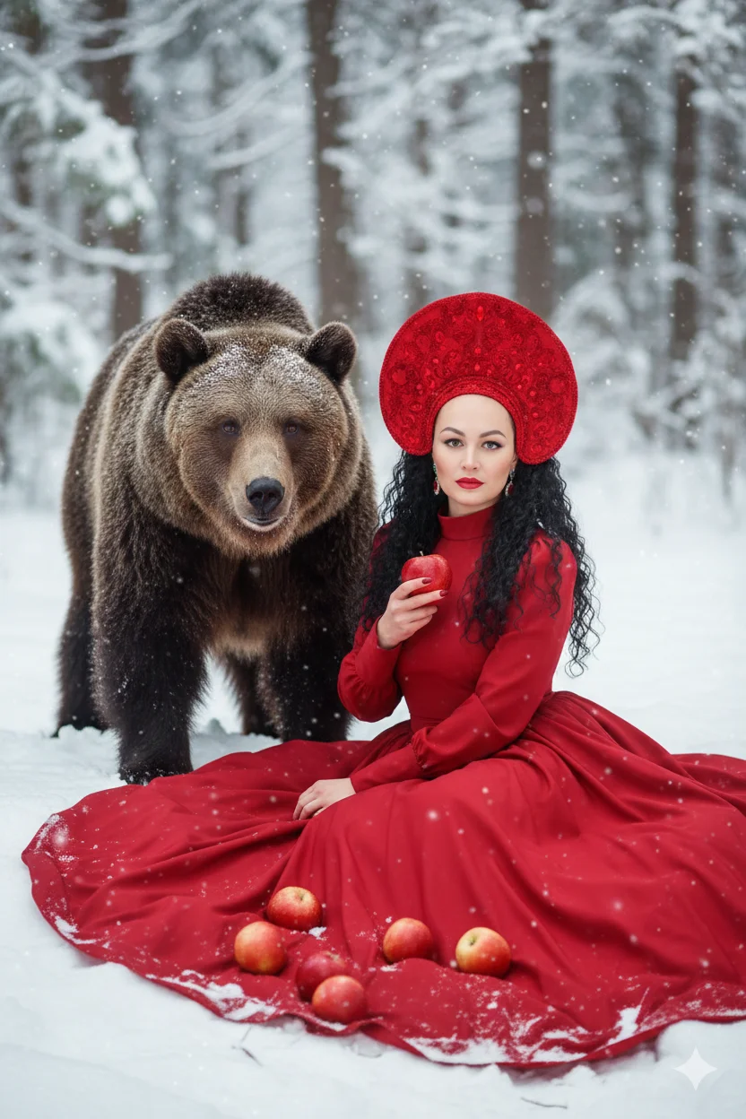 Девушка в красном русском платье в снегу с медведем сидит на земле