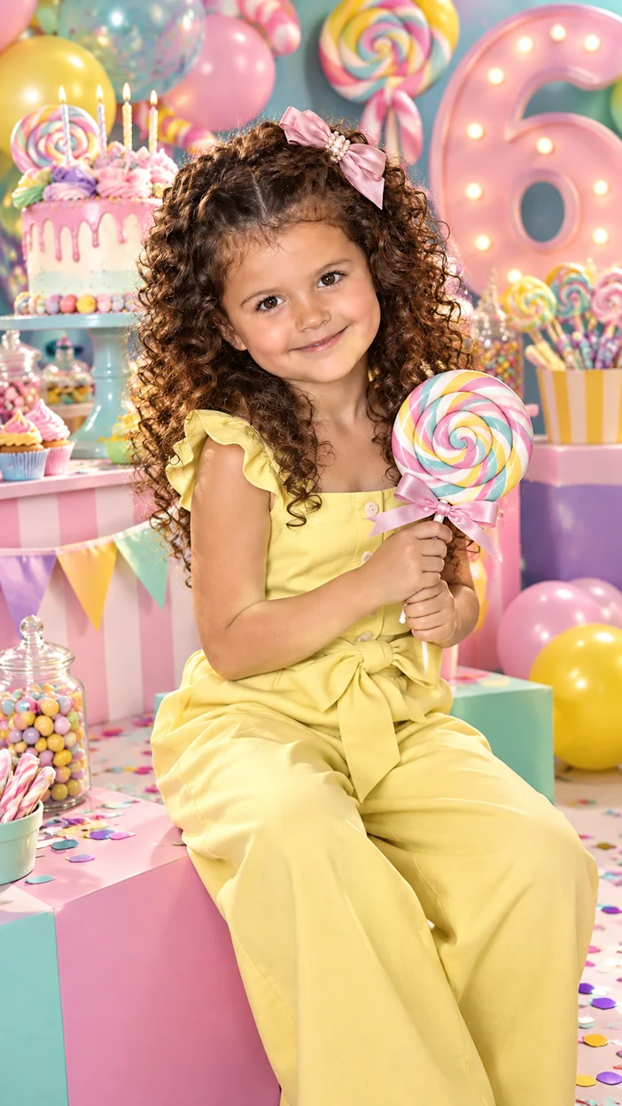 Фотосессия в candy-студии в праздничном комбинезоне с большой яркой цифрой 6 и леденцами