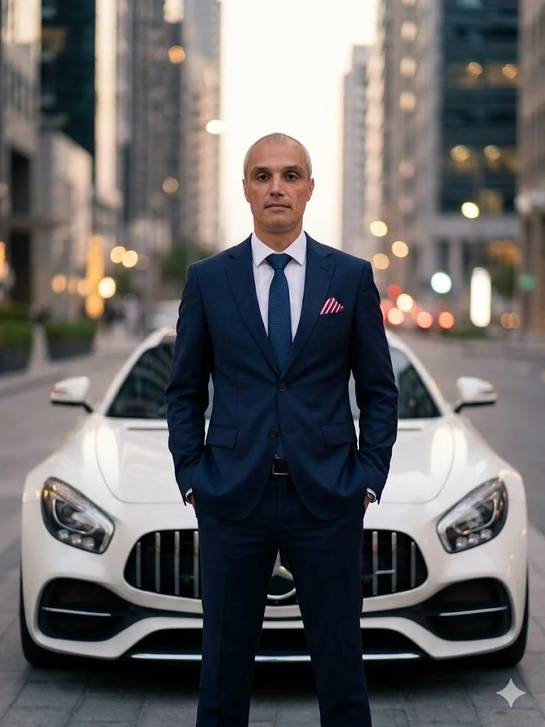 Мужчина в тёмном костюме стоит перед спортивным автомобилем