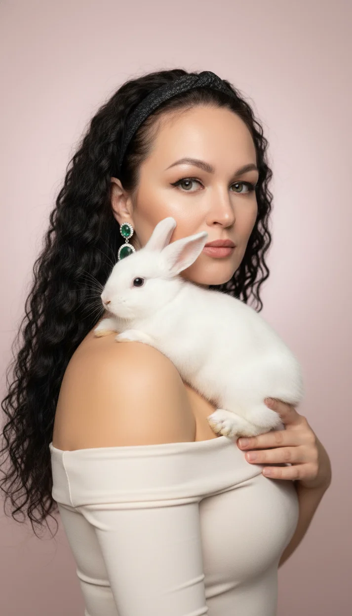 Девушка с белым кроликом на плече в мягкой студийной съемке
