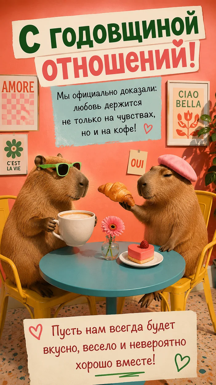 Фотосессия открытка с капибарами в модном кафе на годовщину отношений