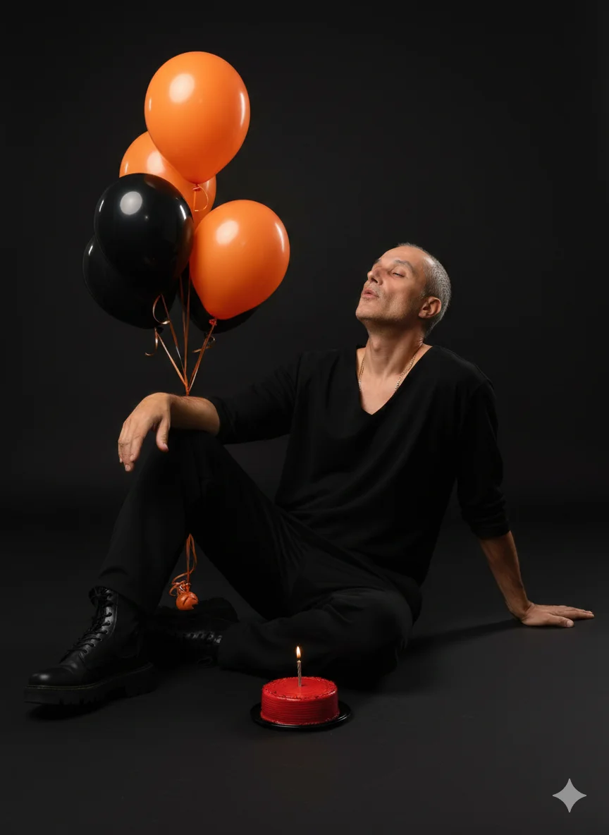 Мужчина в чёрной одежде сидит на полу рядом с тортом и шарами