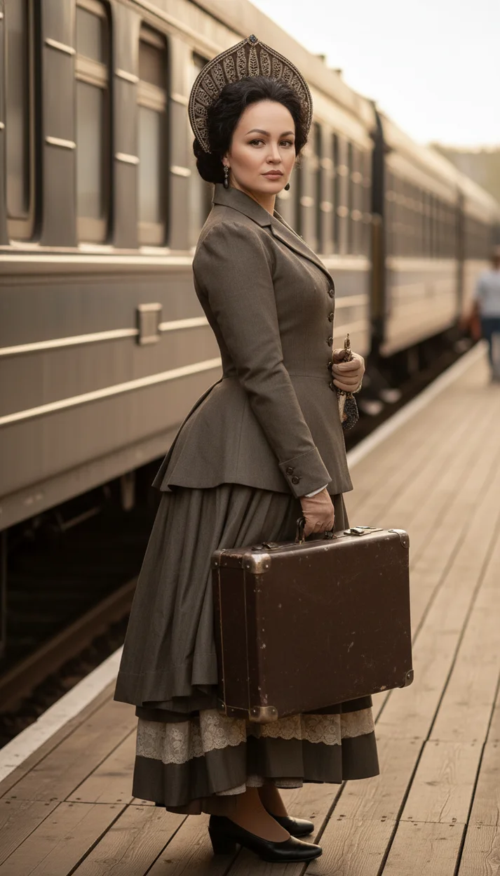  Женщина в историческом костюме у вагона с чемоданом