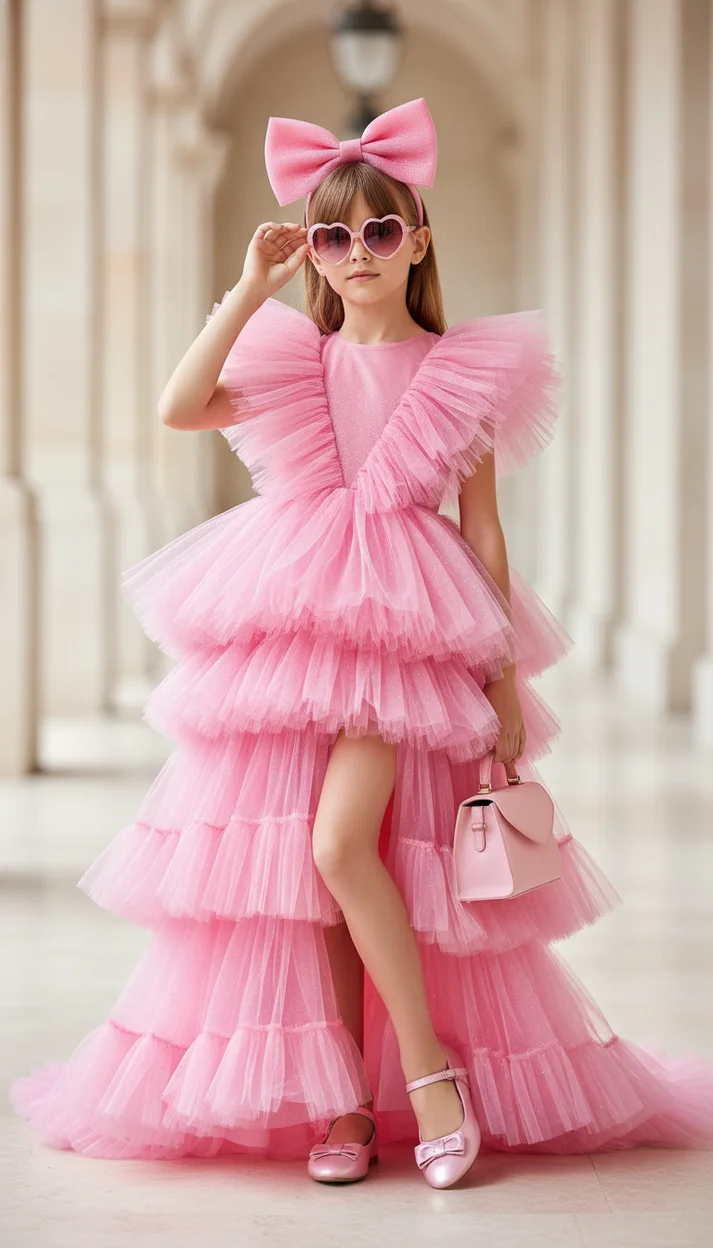  Роскошная детская fashion-съёмка в ярко-розовом кутюрном платье