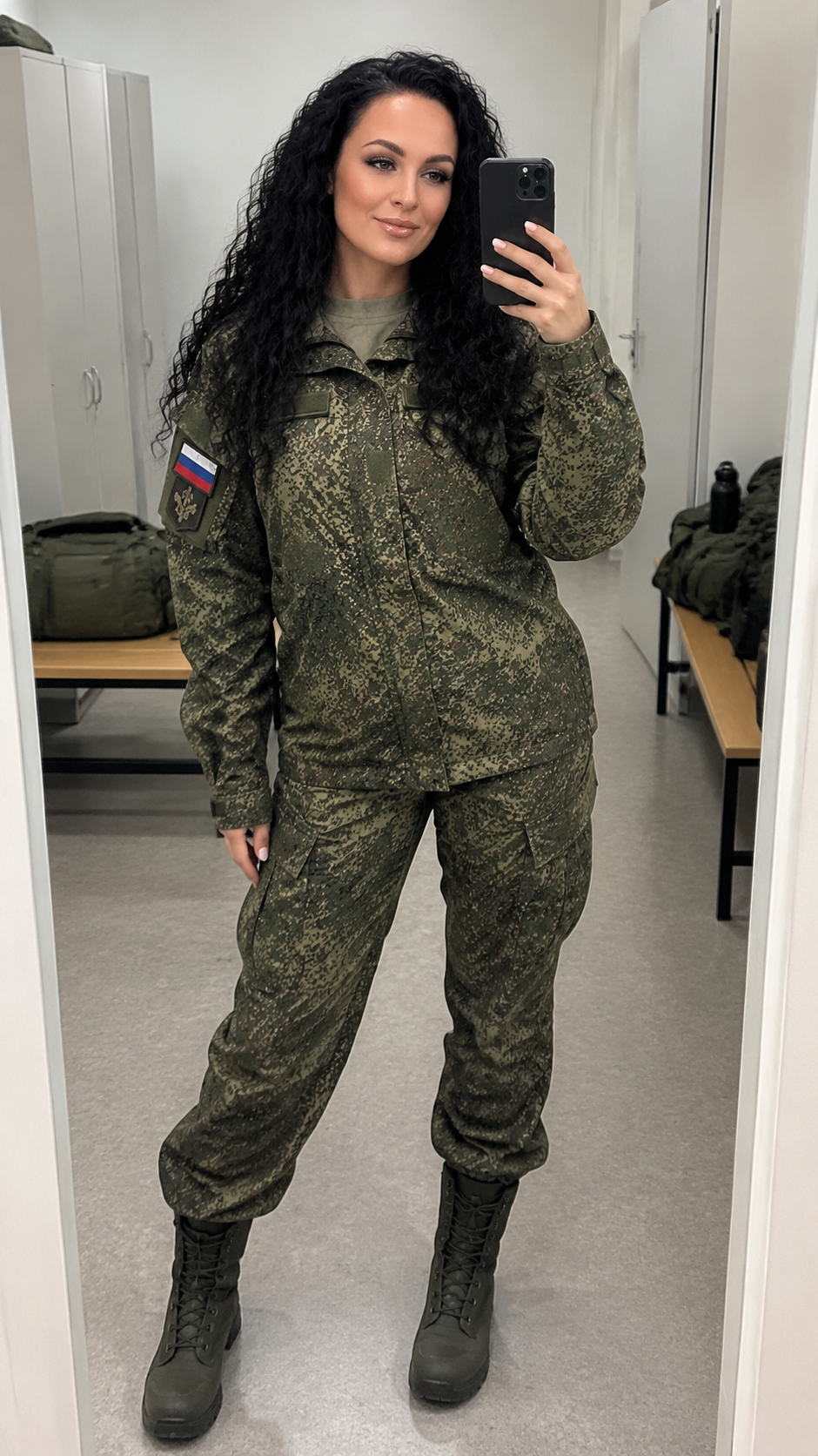 Фотосессия селфи в раздевалке — девушка в полной русской военной форме